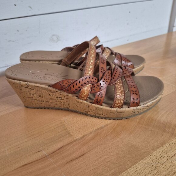 Skechers Cali Luxe Foam Womens Tan Wedge Sandals With Strappy Laser Cut Design & - Picture 4 of 4
